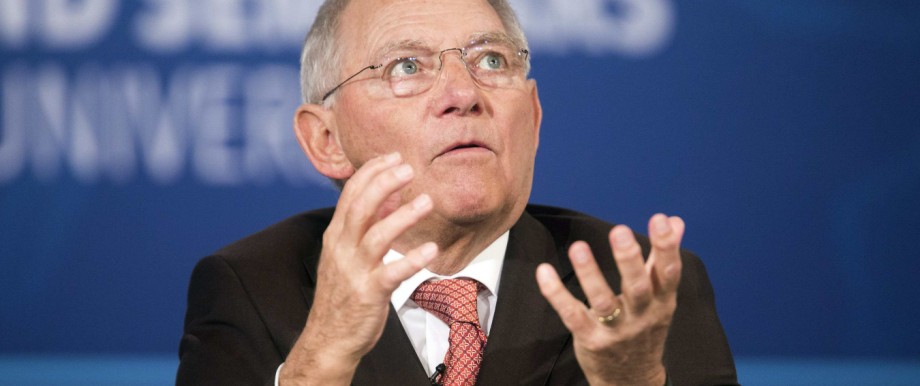 Germany's Minister of Finance Wolfgang Schauble speaks during a discussion during the World Bank/IMF annual meetings in Washington