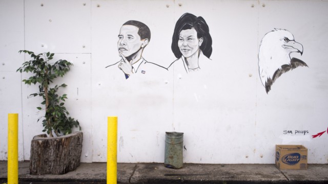 Barack und Michelle Obama auf einer Wandmalerei in Detroit.