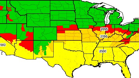 Medizin: Der Nierensteingürtel in den Jahren 2000 (gelb), 2050 (zusätzlich orange) und 2095 (zusätzlich rot).