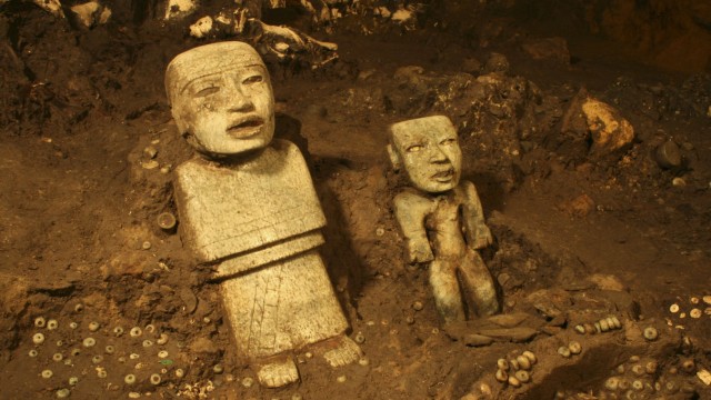 Handout photo of stone figurines in a tunnel that may lead to a royal tombs discovered at the ancient city of Teotihuacan