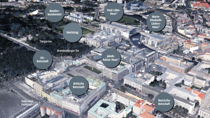 Abhöraffäre im Regierungsviertel: Abgeordnetenbüros und Sitzungssäle des Bundestags; SZ-Grafik