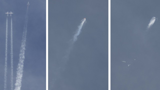 A combination of photos show Virgin Galactic's SpaceShipTwo as it detaches from the jet airplane that carried it aloft and then exploding over the skies of the Mojave Desert, California