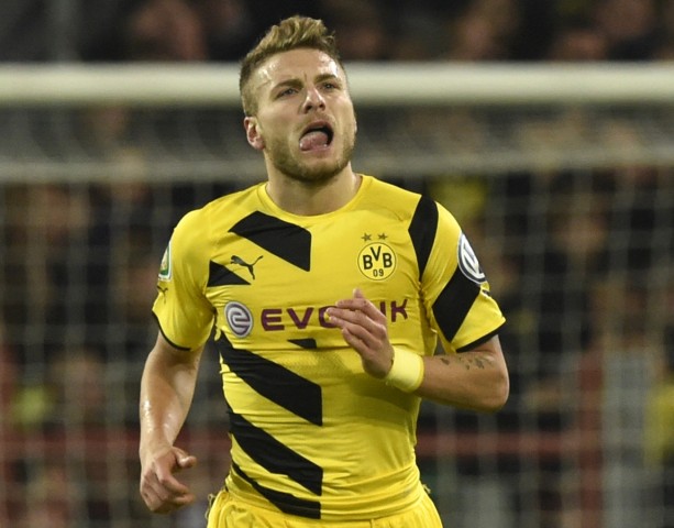Borussia Dortmund's Immobile reacts after scoring a goal during their German soccer cup match against FC St. Pauli in Hamburg