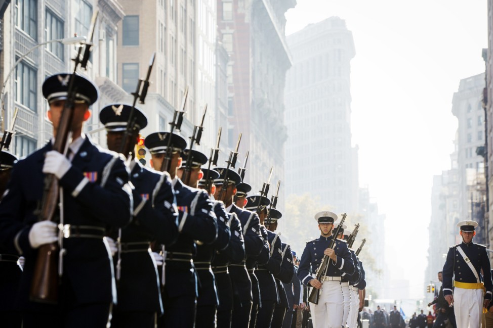 Members of the Air Force march in formation during Veterans Day parade on 5th Avenue in New York