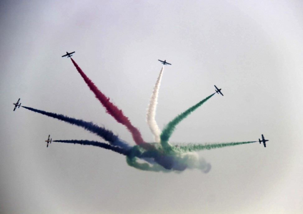 The UAE 'The Knights' aerobatics team perform during the 10th China International Aviation and Aerospace Exhibition in Zhuhai