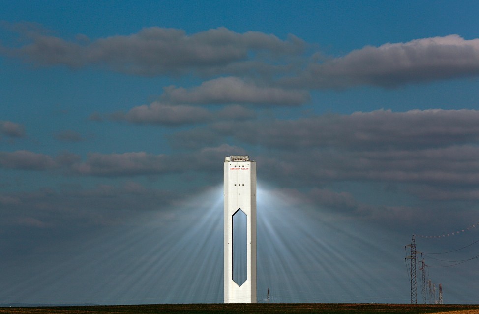 A tower at Abengoa solar plant at 'Solucar' solar park is seen in Sanlucar la Mayor