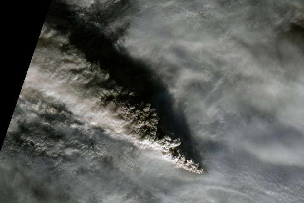 A plume of smoke from Alaska's Pavlof volcano is pictured in this NASA handout satellite image