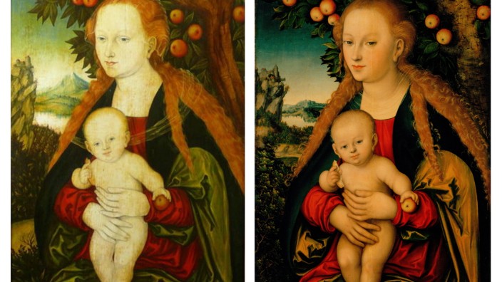 Mutmaßlicher Kunstfälscher: Die Madonna mit dem Kind unter dem Apfelbaum (links) hat Christian Goller gemalt, das Werk rechts stammt von Lucas Cranach dem Älteren.