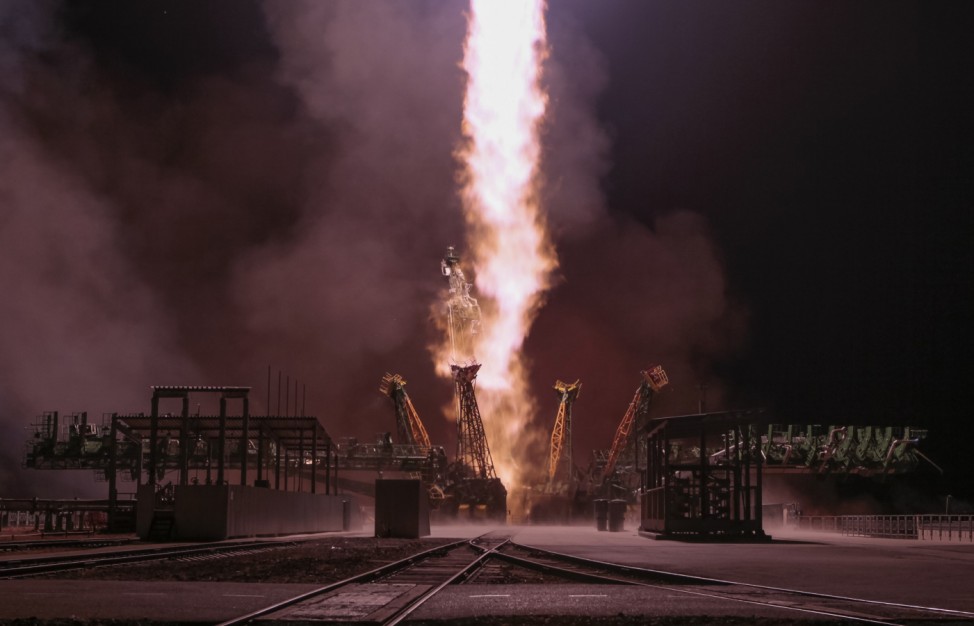 The Soyuz TMA-15M spacecraft  carrying the International Space Station crew blasts off from the launch pad at the Baikonur cosmodrome