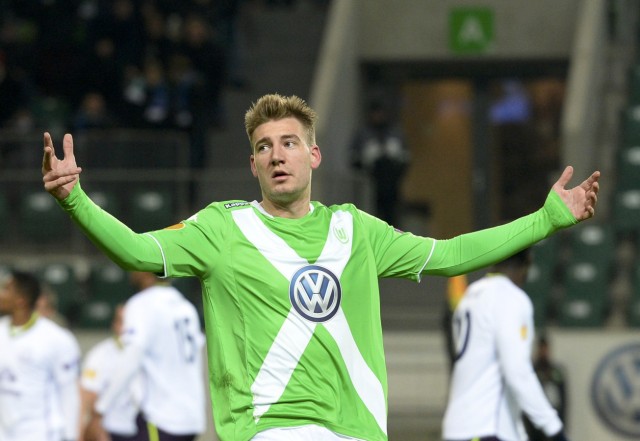Wolfsburg's Bendtner reacts during their Europa League Group H soccer match against Everton in Wolfsburg