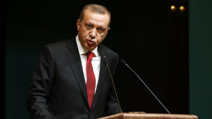 Turkey's President Erdogan addresses the media during a news conference at the Presidential Palace in Ankara