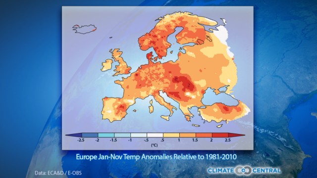 Klimawandel: Diese Karte zeigt, in welchen Regionen Europas die Temperatur iden bisherigen Mittelwert am meisten übertroffen hat.