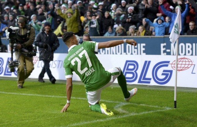 Werder Bremen's Selke celebrates after scoring the opening goal during the German Bundesliga first division soccer match against Borussia Dortmund in Bremen
