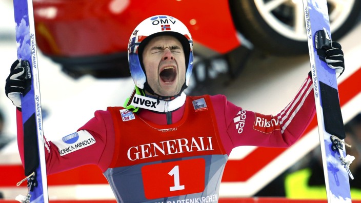 Jacobsen from Norway reacts after winning the second jumping of the 63rd four-hills tournament in Garmisch-Partenkirchen