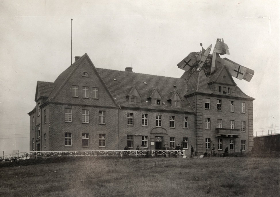 A German seaplane that crashed into a building in Germany in this 1918 photo