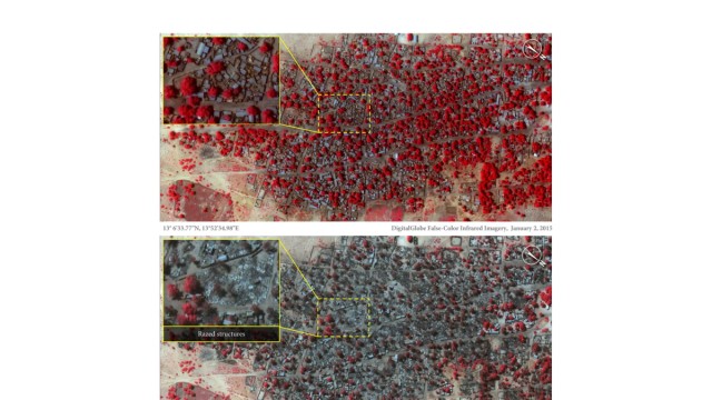 Boko-Haram-Terror in Nigeria: Diese Satellitenaufnahmen wurden Amnesty International zufolge von dem Ort Doro Baga am 2. und 7. Januar 2015 gemacht (rot: die intakte Vegetation).