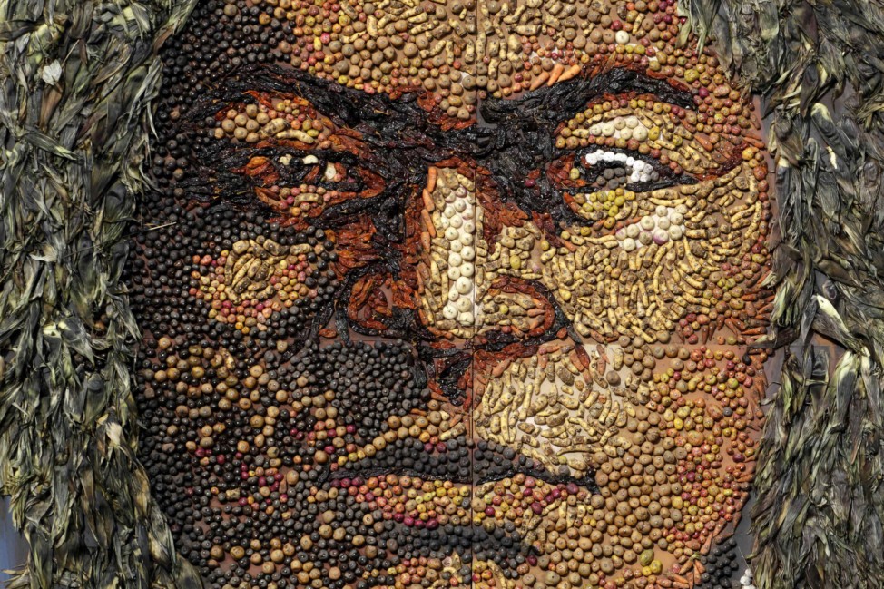 An image, made of vegetables, of indigenous hero Tupac Katari is displayed as part of an Andean ceremony of Bolivia's President Evo Morales in Tiahuanaco