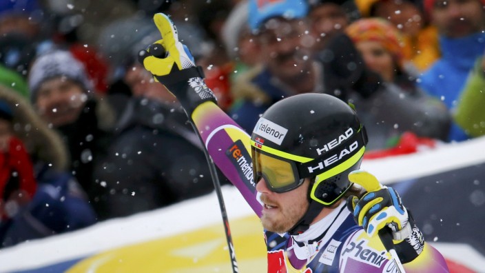 Jansrud of Norway reacts after his run in men's Alpine Skiing World Cup downhill race in Kitzbuehel