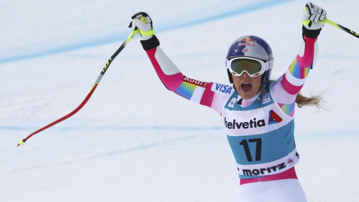 Vonn of the U.S. reacts after finishing her run in women's Alpine Skiing World Cup Super-G in St. Moritz