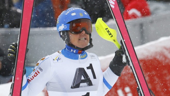 Hargin of Sweden reacts after men's Alpine Skiing World Cup slalom in Kitzbuehel