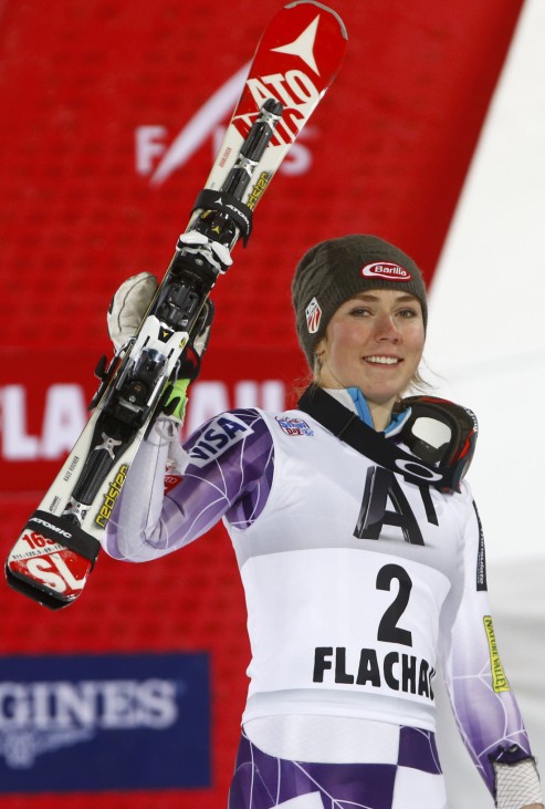 Tthird placed Shiffrin of the U.S. waves on the podium after the Alpine Skiing World Cup women's Slalom race in Flachau