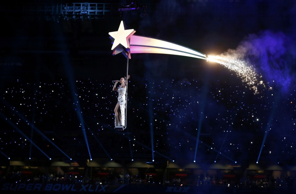 Katy Perry performs during the halftime show at the NFL Super Bowl XLIX football game between the Seattle Seahawks and the New England Patriots in Glendale