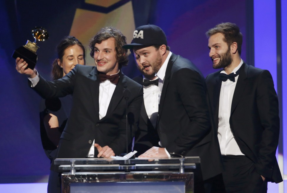 Jett Steiger and Solal Micenmacher accept the award for Best Music Video for 'Happy' during the pre-telecast awards at the 57th annual Grammy Awards in Los Angeles
