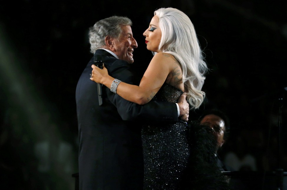 Tony Bennett and Lady Gaga dance as they perform 'Cheek to Cheek' at the 57th annual Grammy Awards in Los Angeles