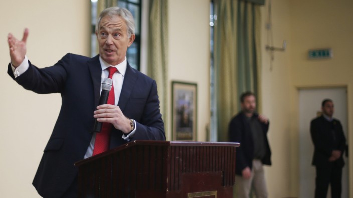 Quartet Representative to the Middle East and former British Prime Minister, Tony Blair, speaks during his meeting with Palestinian businessmen in Gaza City,