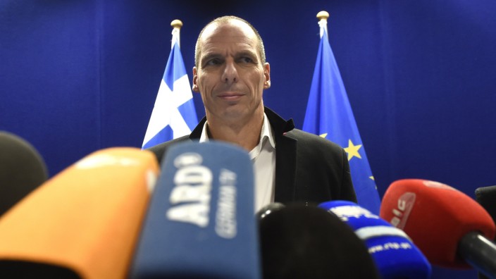 Greek Finance Minister Yanis Varoufakis arrives for a joint press after an Eurogroup Council meeting on February 20, 2015 at EU Headquarters in Brussels. Greece will prioritise EU-acceptable reforms,