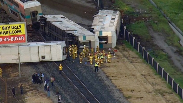 This image from video provided by KABC-TV Los Angeles shows wreckage of a Metrolink commuter train after it crashed into a truck and derailed early on Tuesday, Feb. 24, 2015 in Oxnard, Calif. Three ca