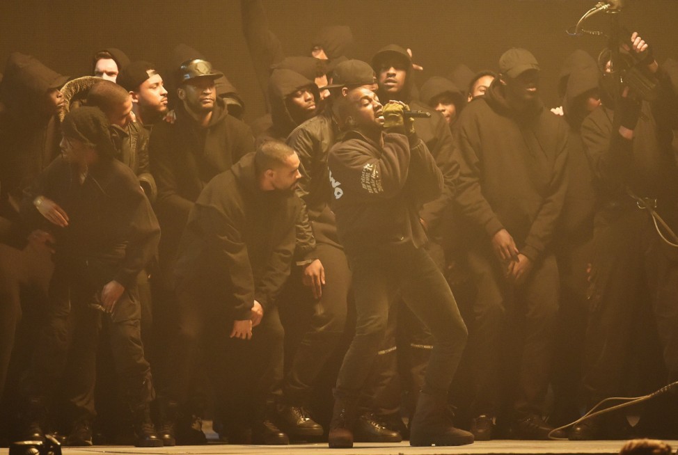 Kanye West performs at the BRIT music awards at the O2 Arena in London