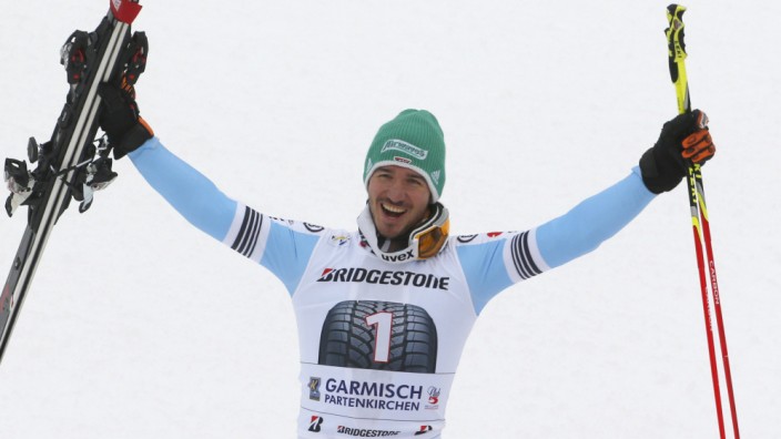 Neureuther of Germany celebrates after men's Alpine Skiing World Cup giant slalom in Garmisch-Partenkirchen