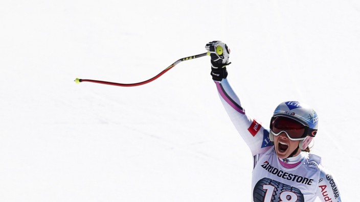 Weirather of Liechtenstein reacts after the women's downhill first run of the Alpine Skiing World Cup in Garmisch-Partenkirchen