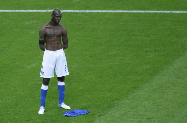 Italy's Balotelli celebrates after scoring his goal against Germany during their Euro 2012 semi-final soccer match at the National stadium in Warsaw; Balotelli