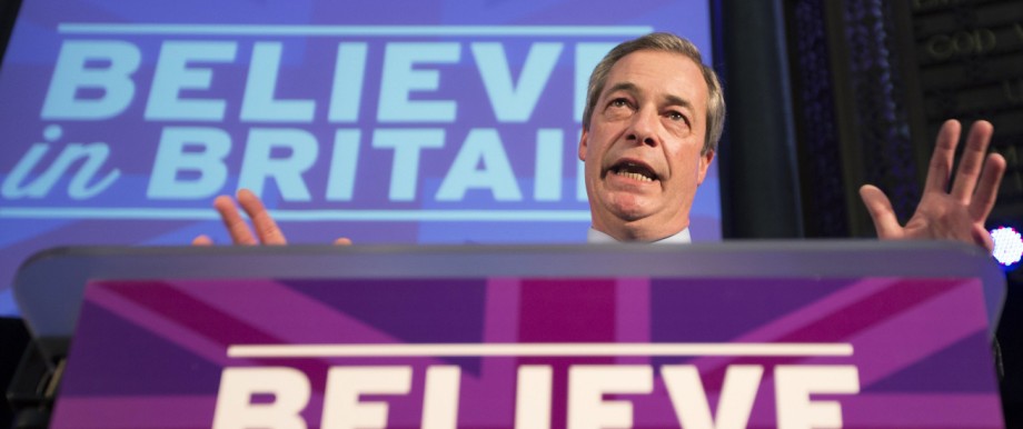 The leader of the United Kingdom Independent Party (UKIP), Nigel Farage announces the party's policy on immigration, at a venue in central London