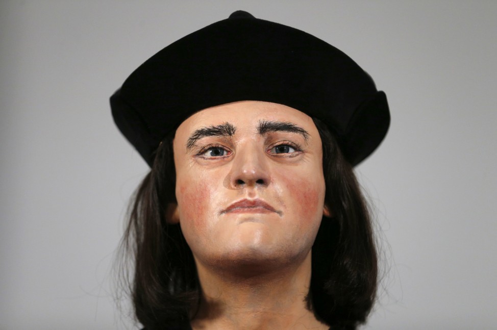 A facial reconstruction of King Richard III is displayed at a news conference in central London