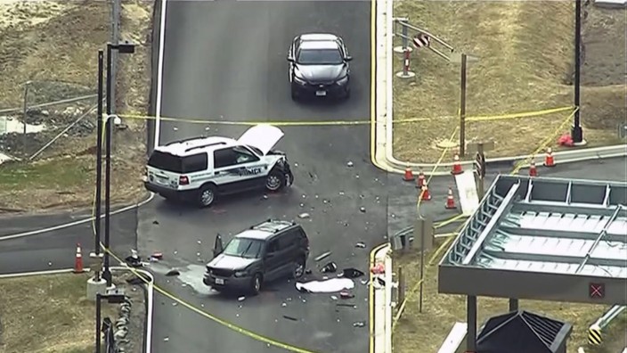 Video grab shows aerial view of shooting scene at the National Security Agency at Fort Meade in Maryland
