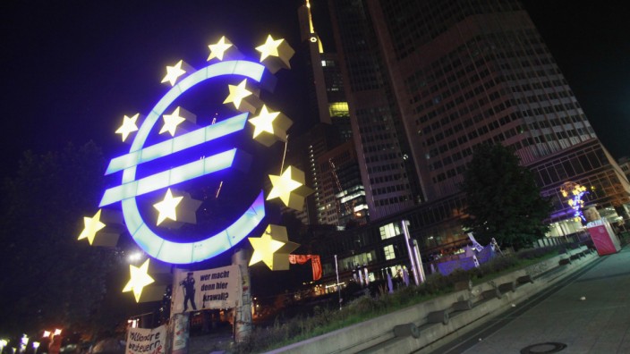 Sculpture showing the Euro currency sign is seen in front of the ECB headquarters in Frankfurt