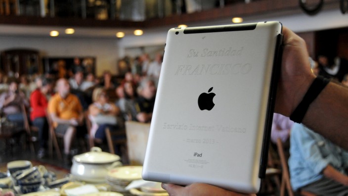 An Apple iPad which belonged to Pope Francis is seen at Castells auction house in Montevideo