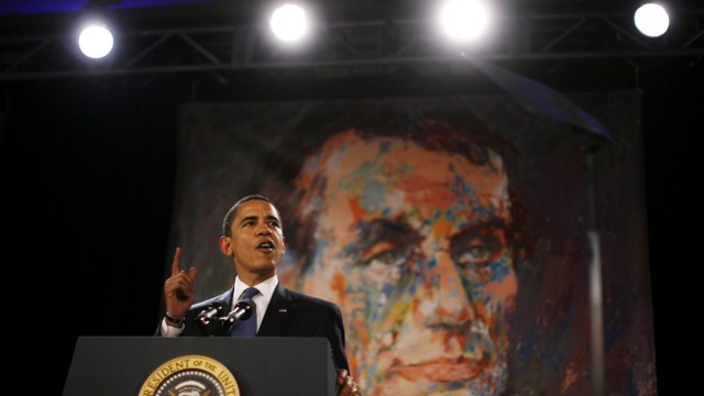 U.S. President Barack Obama speaks at the 102nd Abraham Lincoln Association Banquet in Springfield, Illinois