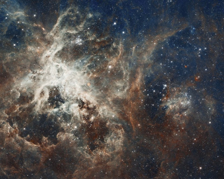 A NASA Hubble Space Telescope composite image shows a stellar breeding ground in 30 Doradus, located in the heart of the Tarantula Nebula 170,000 light-years away in the Large Magellanic Cloud