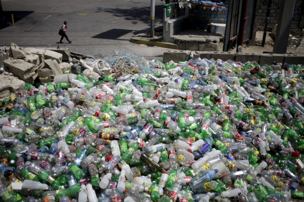 Plastic bottles to be sold for recycling are seen at a storage in Port-au-Prince