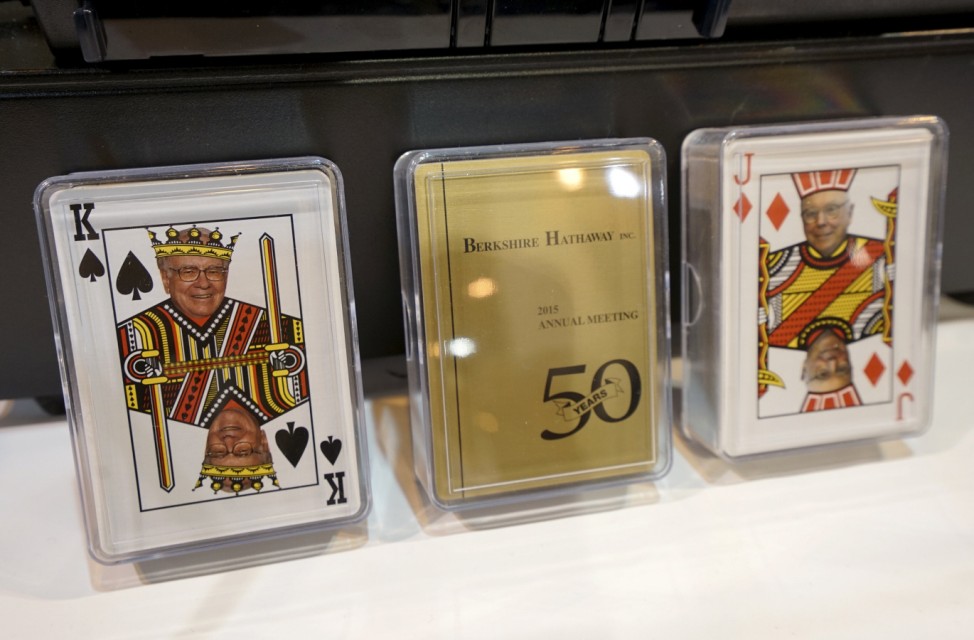 Berkshire Hathaway commemorative playing cards featuring Berkshire CEO Warren Buffett and vice-chairman Charlie Munger are seen for sale at the shareholder's shopping day in Omaha
