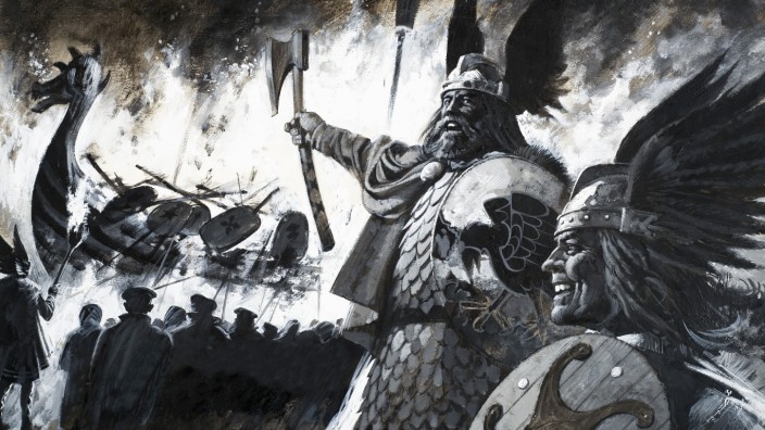 Wikinger: Das Schiff brennt, aber die Krieger rufen zum Angriff - so stellt man sich die Wikinger gemeinhin vor. Illustration: www.bridgemanart.com