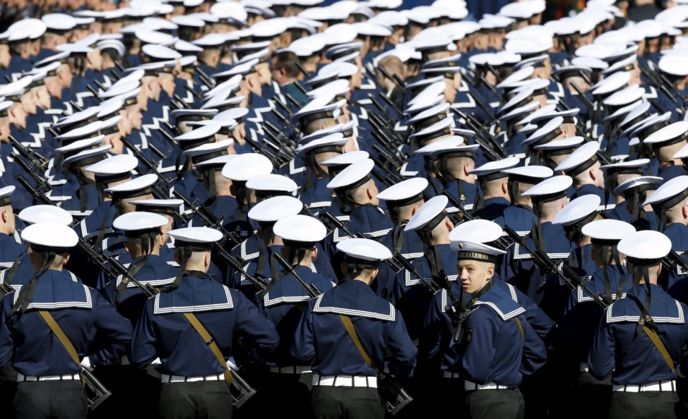 Russian navy sailors take part in a rehearsal for the Victory Day parade in Moscow