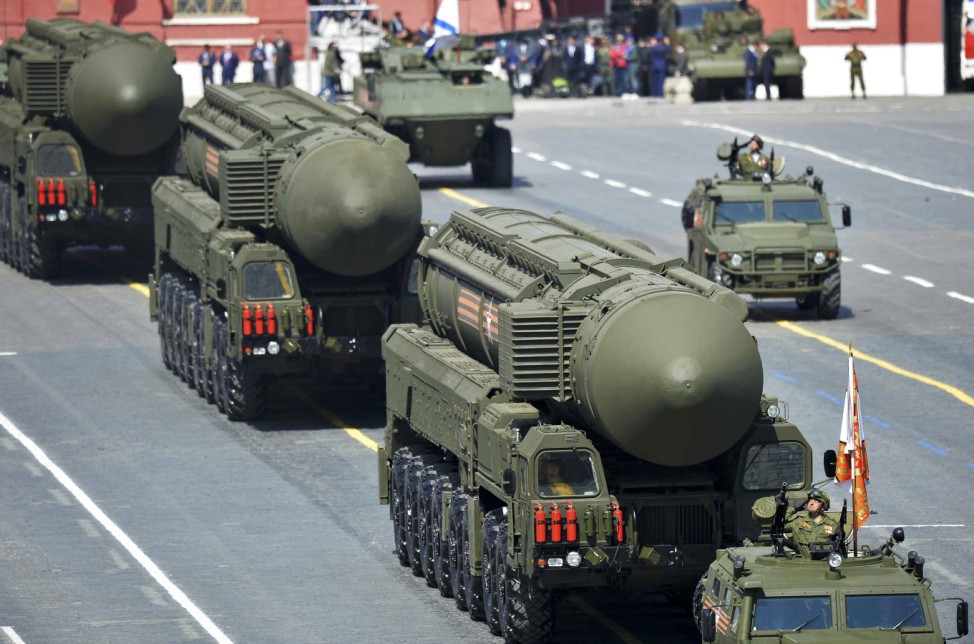 Russian RS-24 Yars/SS-27 Mod 2 solid-propellant intercontinental ballistic missiles drive during the Victory Day parade at Red Square in Moscow