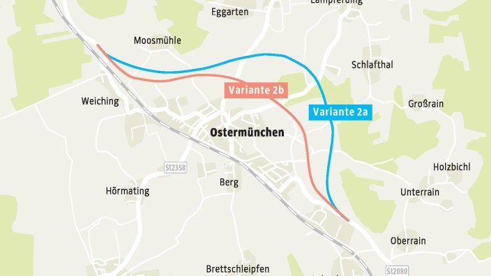 Verkehr: Das Straßenbauamt favorisiert die rote Trasse, die Gemeinde Tuntenhausen den blau eingezeichneten Straßenverlauf.
