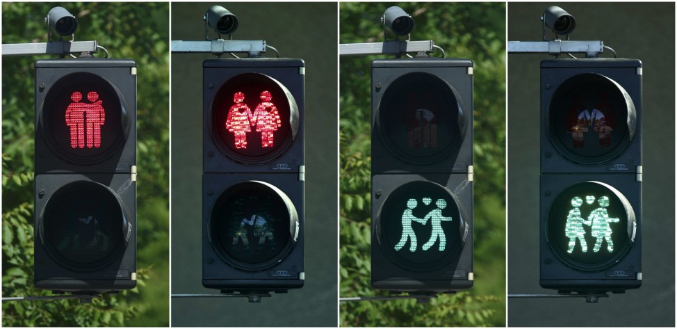 A combination of photos shows gay-themed traffic lights in Vienna
