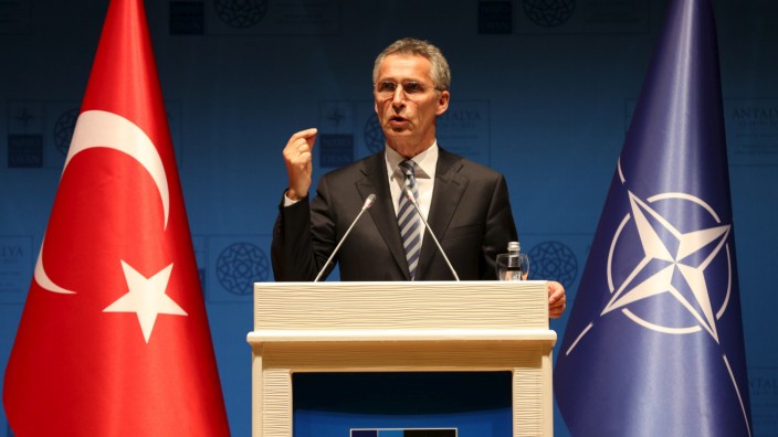 NATO Secretary-General Stoltenberg speaks during a news conference at the NATO Foreign Minister's Meeting in Antalya, Turkey
